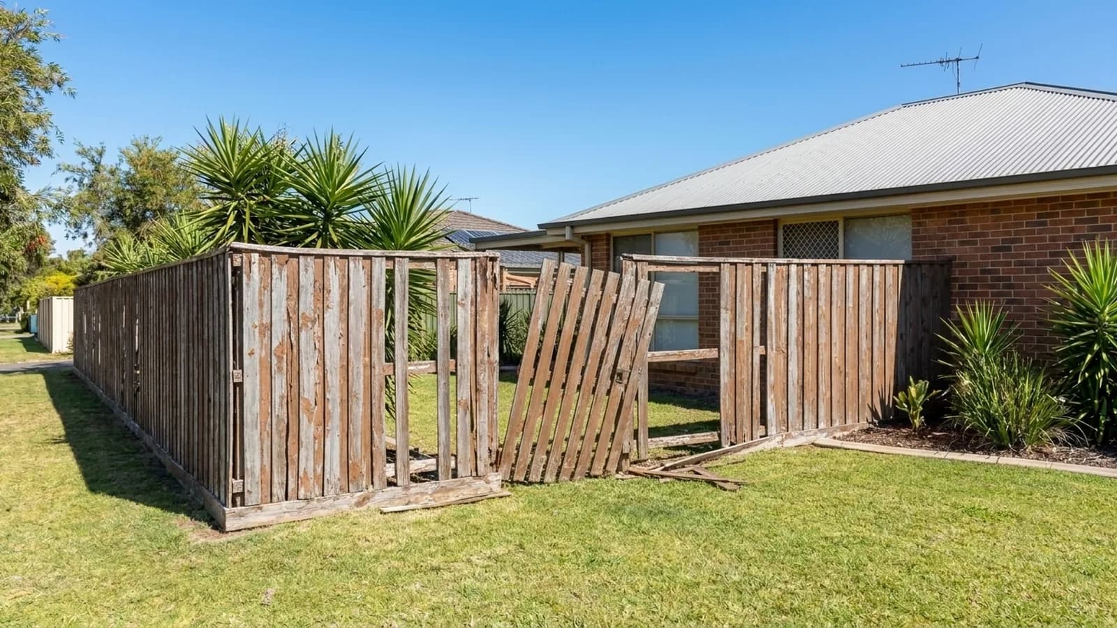 A broken, leaning timber fence before repair