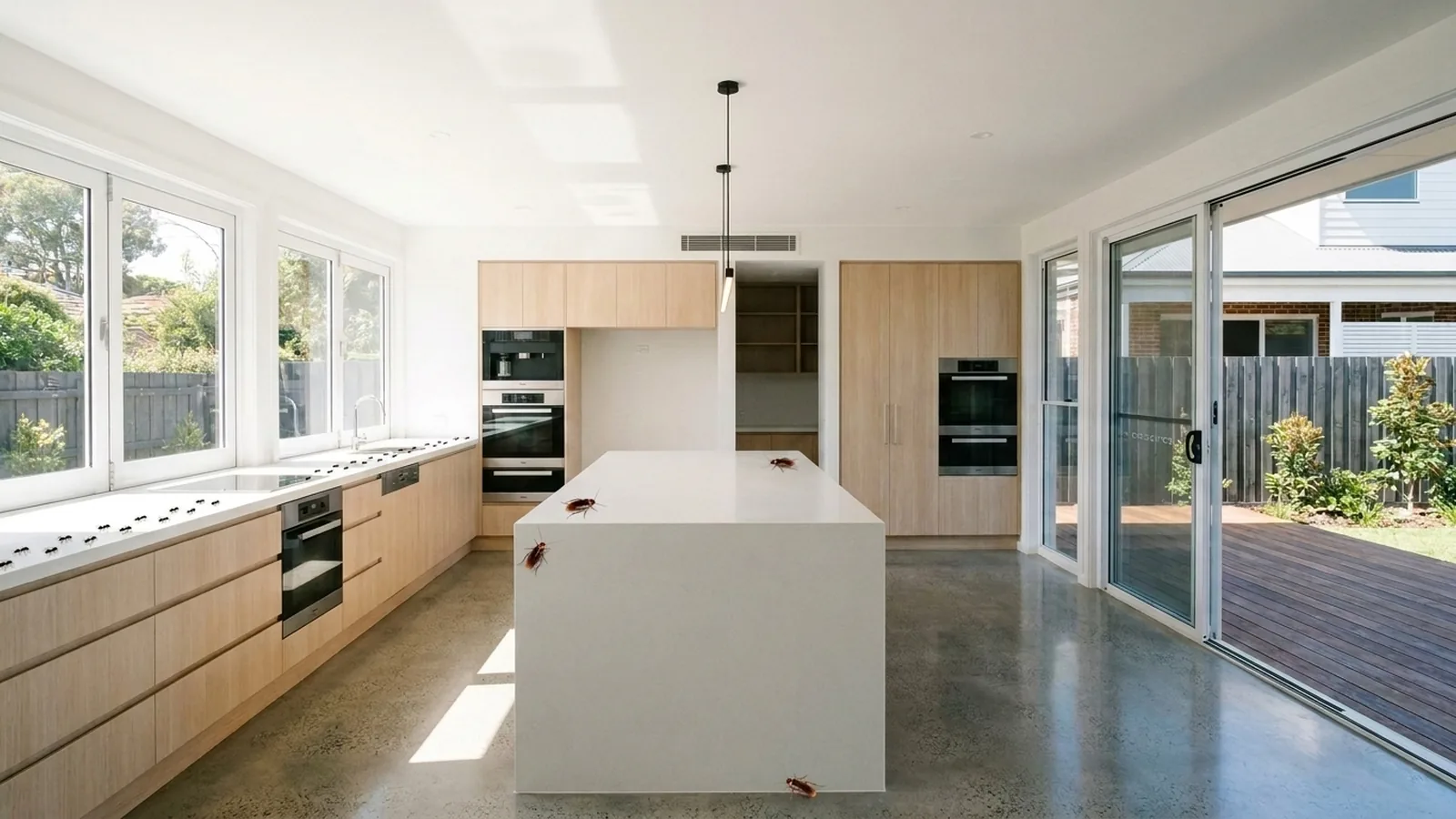 A kitchen with cockroaches before a pest treatment