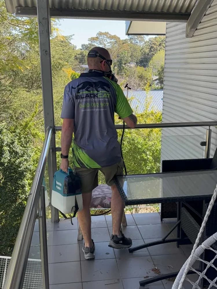 Wayne in his Black Cat shirt treating a home balcony
